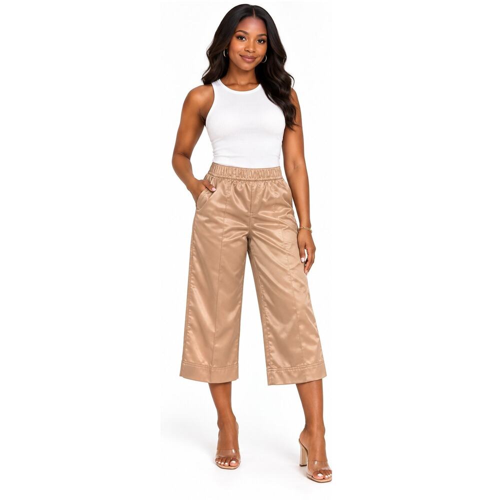 Tahari ASL Womens 8P Petite Satin Look Crop Pants Beige Pull On Stretch Dressy
